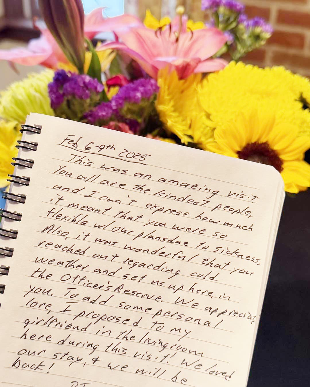 A handwritten note expressing gratitude for a recent visit, dated February 6, 2025, alongside a bouquet of flowers.
